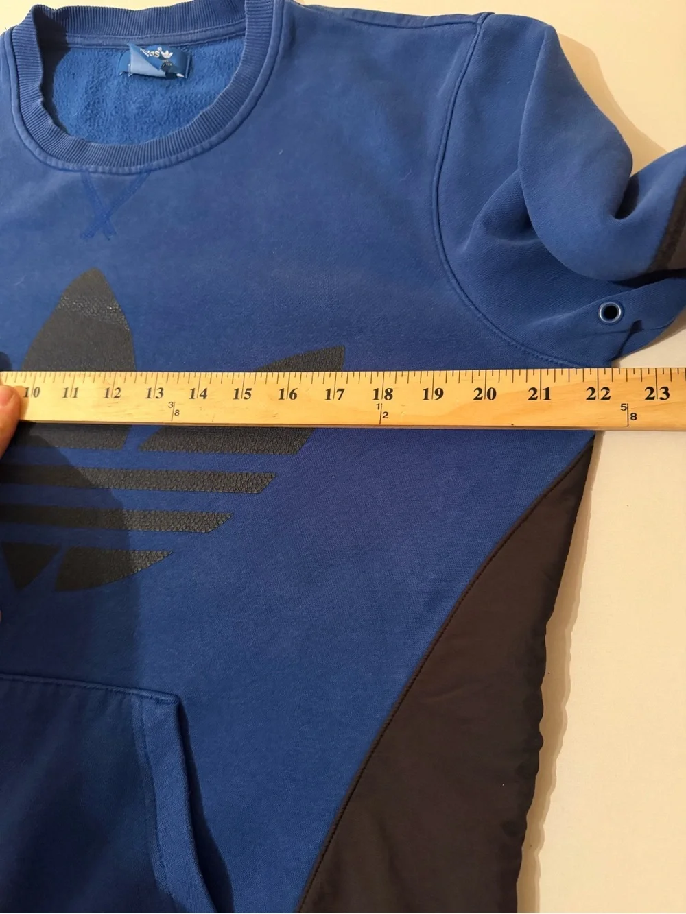 Vtg Adidas Blue Pullover Sweatshirt with Elbow Patches Trefoil Logo Mens M Faded